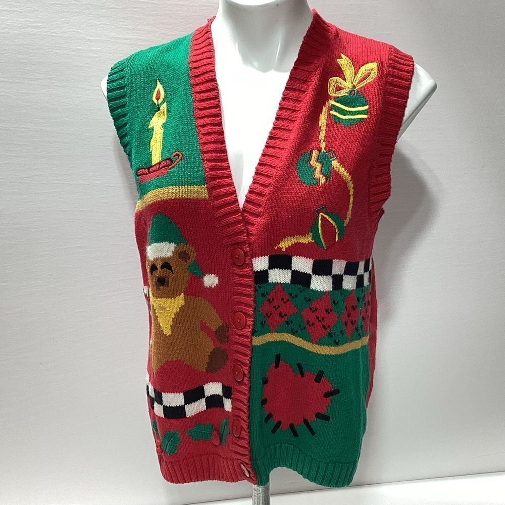 Vintage Izod Christmas Sweater Vest Petite Medium Bear Ugly Christmas Sweater